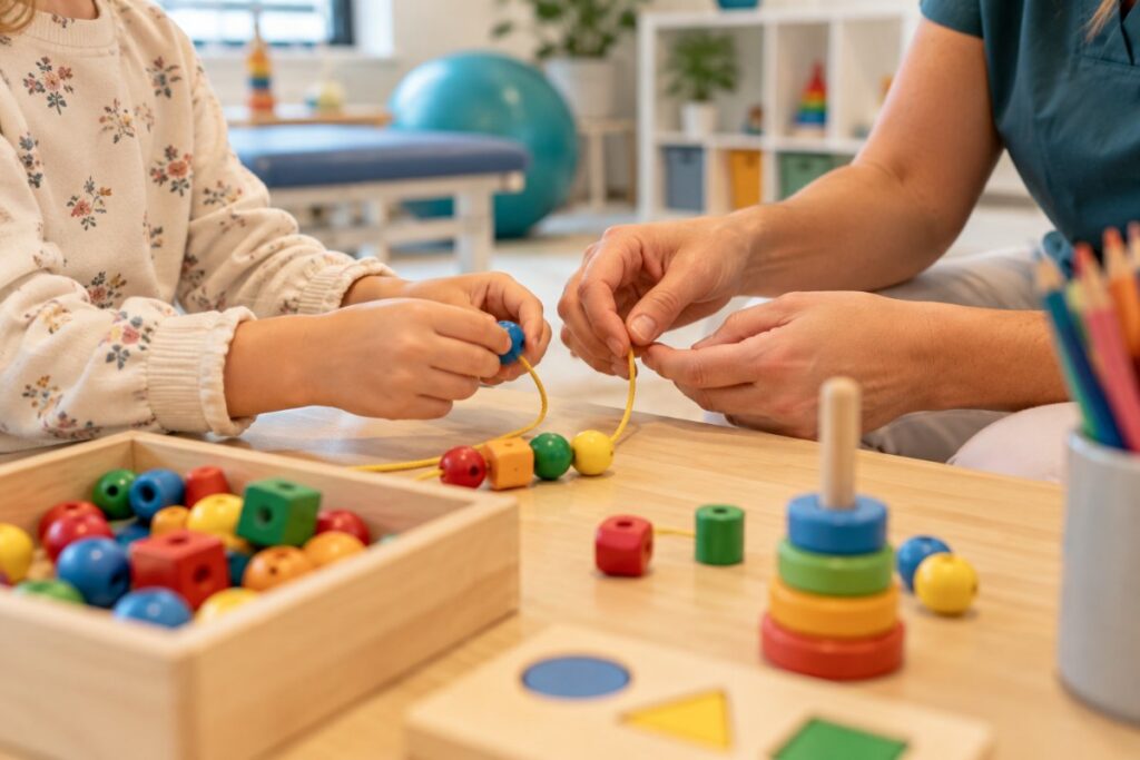 Kinderhände fädeln Holzperlen in der Ergotherapie