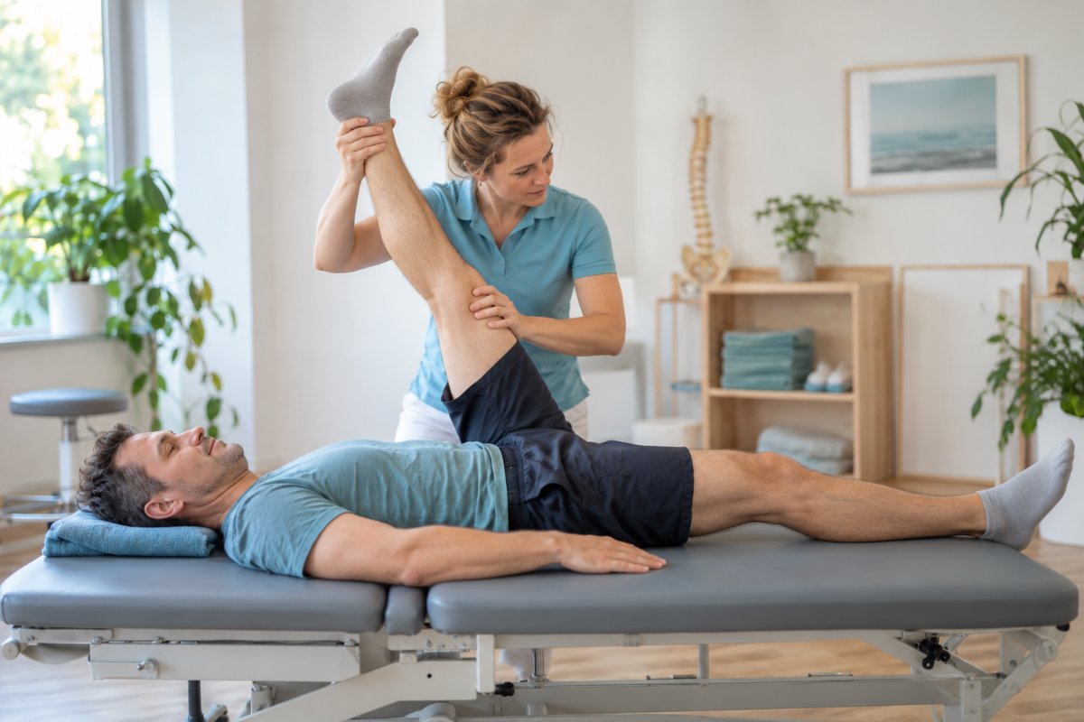 Physiotherapeut prüft Ischiasschmerz mit angehobenem gestrecktem Bein