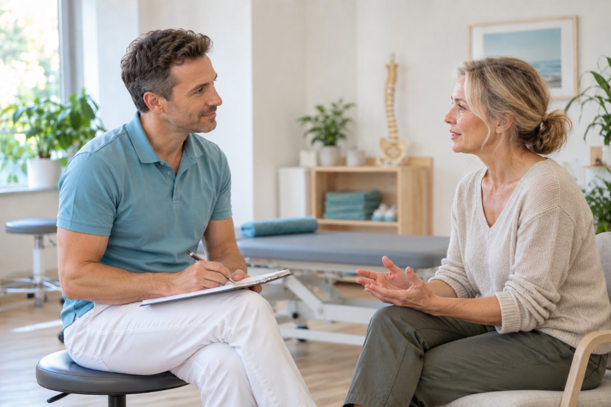 Osteopath im Anamnesegespräch mit neuer Patientin