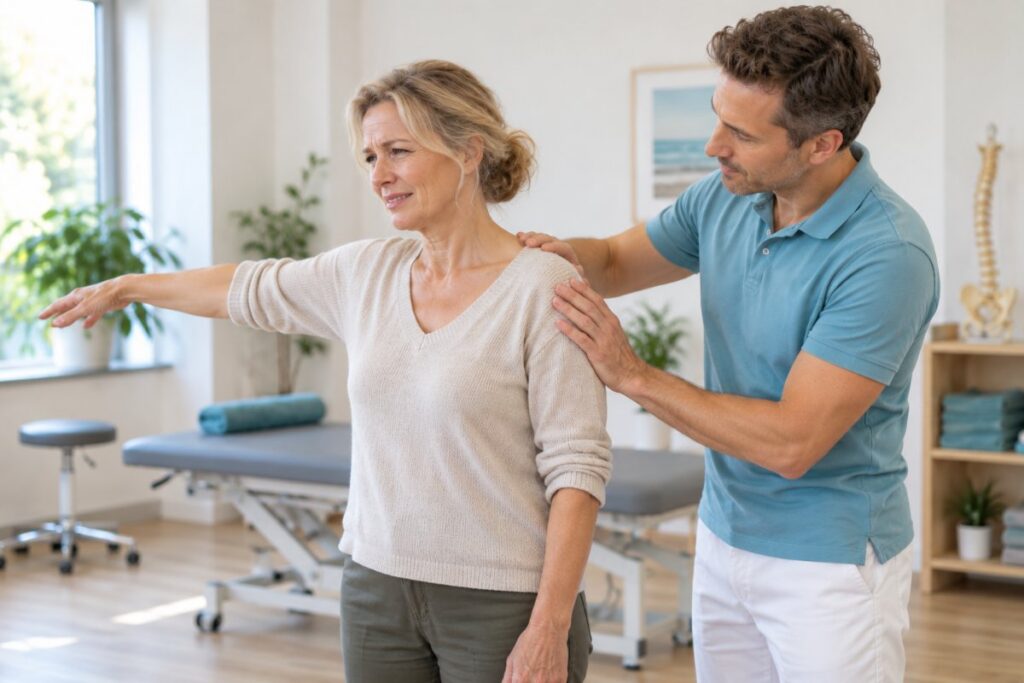 Patientin hebt den Arm seitlich, Physiotherapeut prüft die Schulter