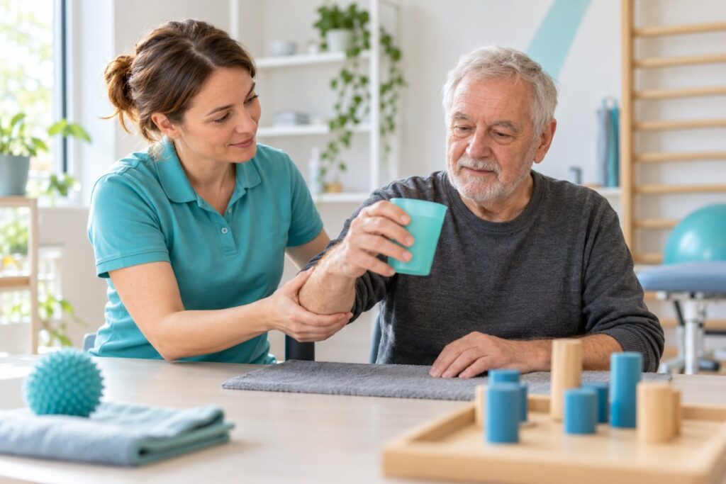 Ergotherapeutin übt mit einem älteren Patienten nach Schlaganfall das Greifen eines Bechers